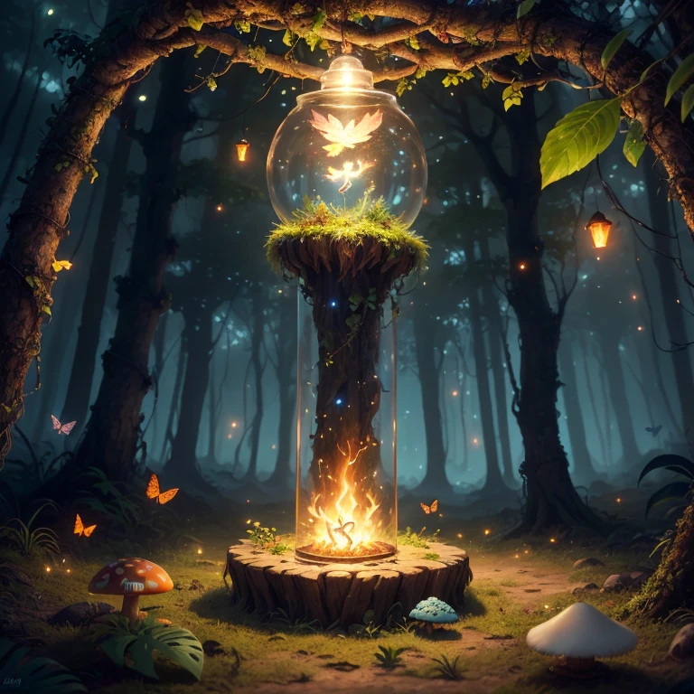 Fantasy in a glass, "ethereal roses, beautiful girls, cute slime animals, glowing little mushrooms surrounded by delicate leaves and branches, and fireflies and glowing particle effects", (natural elements), (jungle theme), (leaves), (branches), (fireflies), butterflies, (delicate leaves), (glow), (particle effects), super realistic, super detailed, dramatic lightning, 4k, masterpiece,
