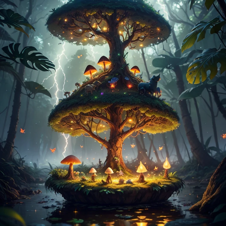 Fantasy in a glass, "ethereal roses, beautiful girls, cute slime animals, glowing little mushrooms surrounded by delicate leaves and branches, and fireflies and glowing particle effects", (natural elements), (jungle theme), (leaves), (branches), (fireflies), butterflies, (delicate leaves), (glow), (particle effects), super realistic, super detailed, dramatic lightning, 4k, masterpiece,
