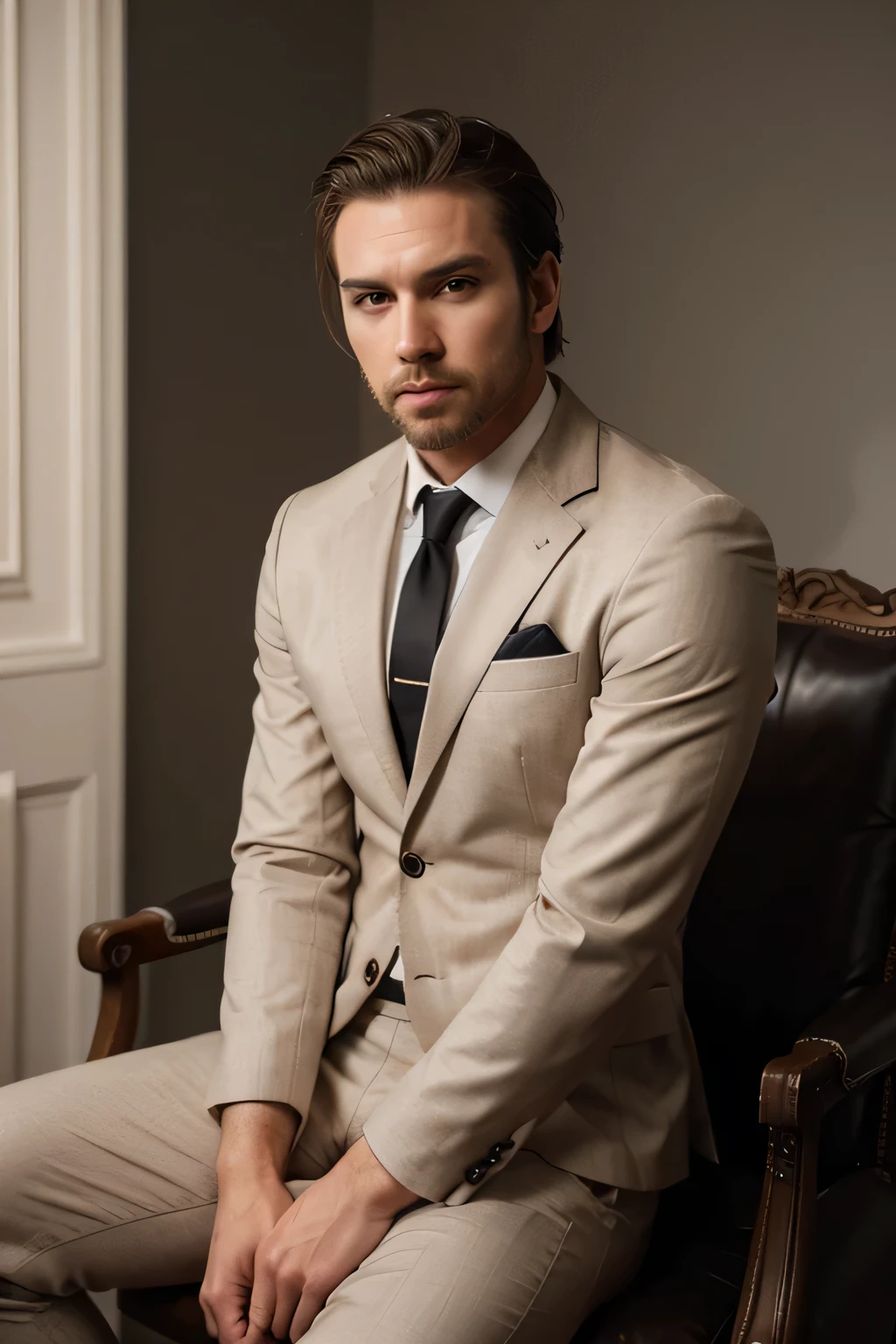 Up、Make a handsome man in a black suit and tie, brown hair and beard, Attractive and serious look, short dark hair, Suit-fit shave and strong body, very short hair slicked back, stands straight into the lens (hightquality, Realistic images), He is facing the camera, He is sitting on an exclusive armchair.