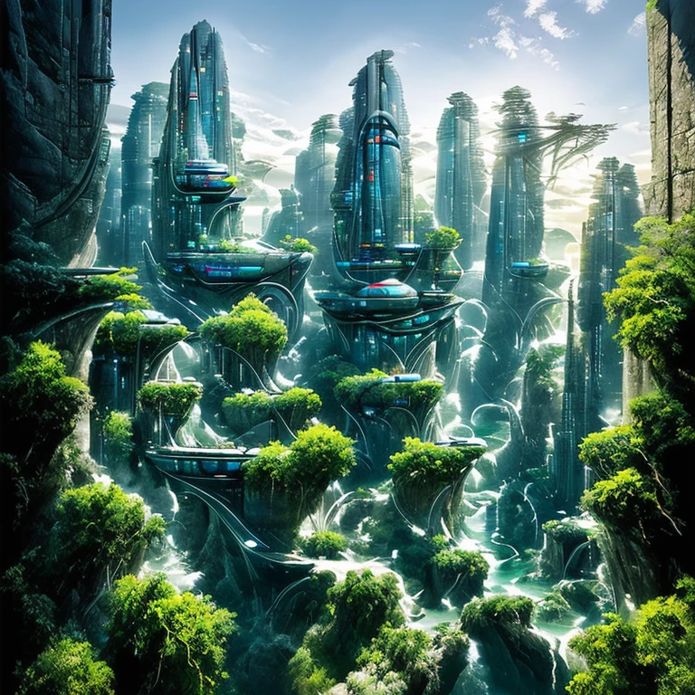 Airbrush drawing --v 5.1 style Futuristic design of an awesome sunny day environment concept art on a futuristic terrain with huge waterfalls,streams, mangroves,nature architecture, proportional,detailed,bright clouds, nature meets futuristic architecture by Santiago Calatrava and Vincent Callebaut with futuristic development, high rise made up staircases, balconies, full of composite glass facades, residential spaces carved from cliff side ,trending on artstation, beautiful lighting,In the style , fantasy, intricate, award winning, 4k, highest quality