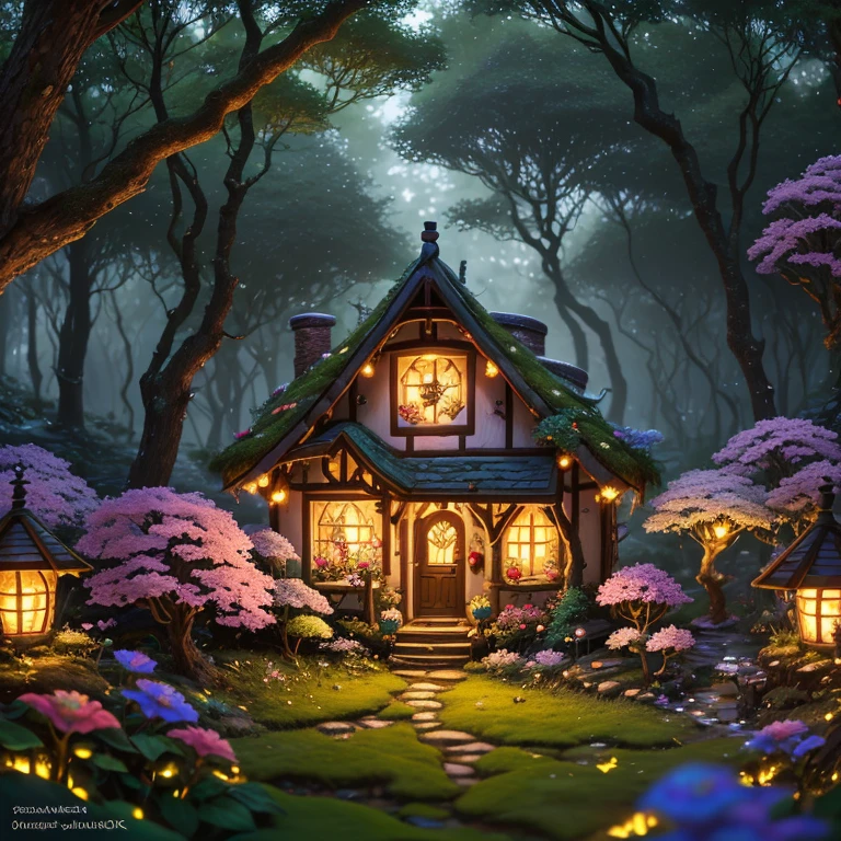 In a secluded glade nestled within an ancient forest, a charming fairy village comes to life, luminescent dwellings adorned with petals and leaves dot the landscape, while tiny pathways wind through the verdant surroundings, sparkle, glowing light, super detail, highres, best quality, 16k, (Surreal,A high resolution,4K,tmasterpiece:1.2),(vivd colour,bokeh,Artistic lighting)
