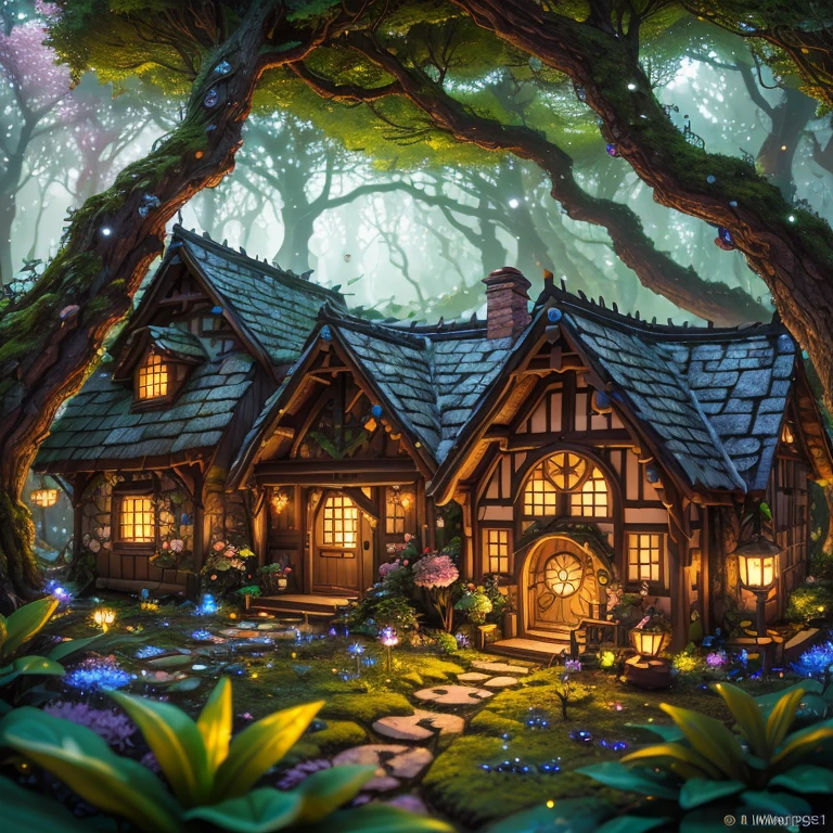 In a secluded glade nestled within an ancient forest, a charming fairy village comes to life, luminescent dwellings adorned with petals and leaves dot the landscape, while tiny pathways wind through the verdant surroundings, sparkle, glowing light, super detail, highres, best quality, 16k, (Surreal,A high resolution,4K,tmasterpiece:1.2),(vivd colour,bokeh,Artistic lighting)