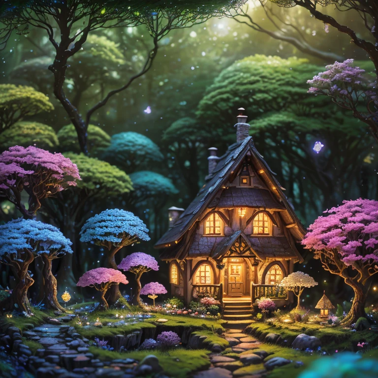 In a secluded glade nestled within an ancient forest, a charming fairy village comes to life, luminescent dwellings adorned with petals and leaves dot the landscape, while tiny pathways wind through the verdant surroundings, sparkle, glowing light, super detail, highres, best quality, 16k, (Surreal,A high resolution,4K,tmasterpiece:1.2),(vivd colour,bokeh,Artistic lighting)