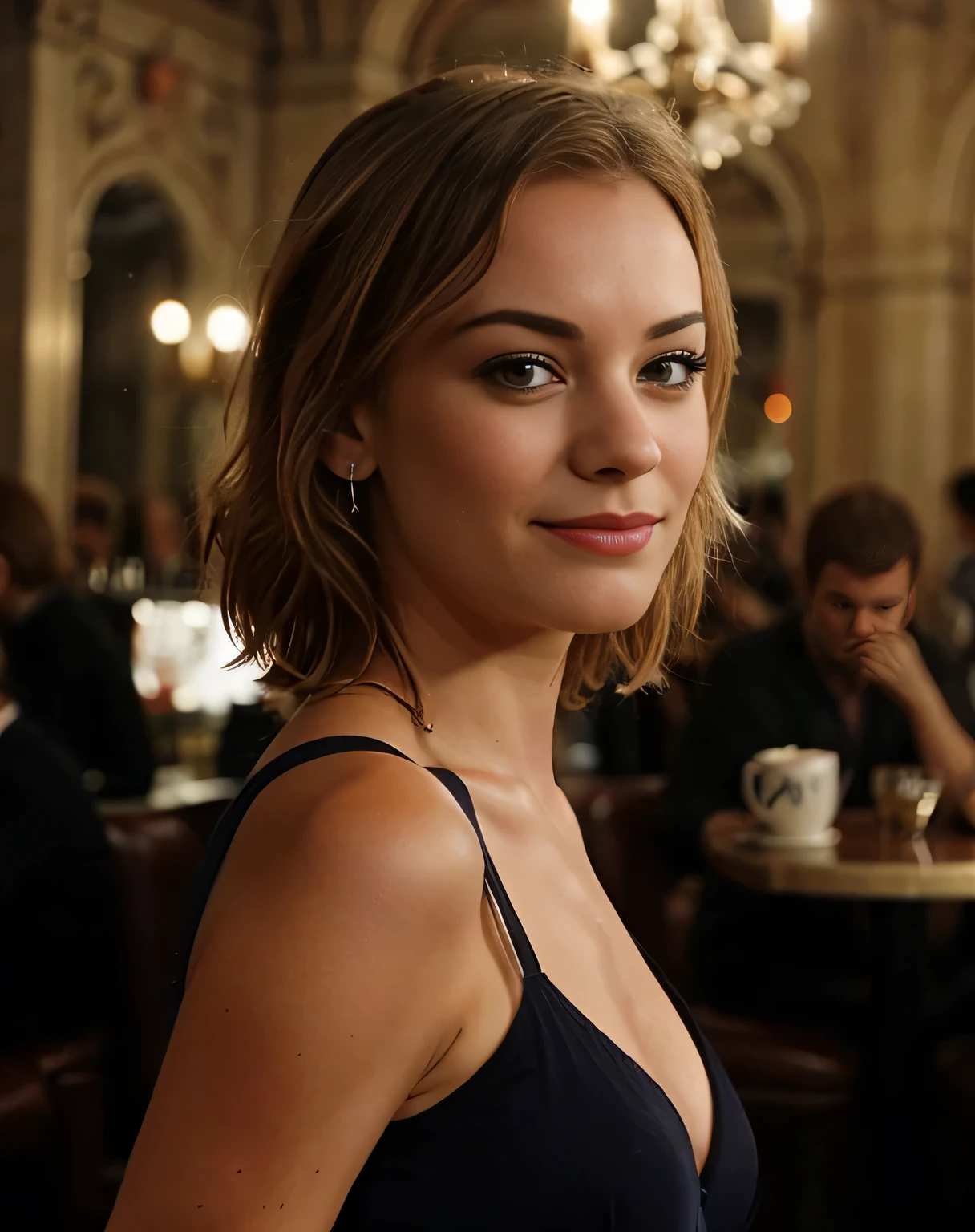 Photo d&#39;Yvonne Strahovski dans une tenue stéréotypée de femme française de 19 ans, elle est assise dans un café parisien alors qu&#39;il pleut dehors, seulement, yeux bleus, Coupe de cheveux bob inversée avec cheveux bruns, peau brillante, gros seins, Ambiance chaleureuse, photographier, séance photo, Capturé par Panavision Panaflex Platinum Camera avec objectif sphérique Panavision Primo Primes 75mm T1.9