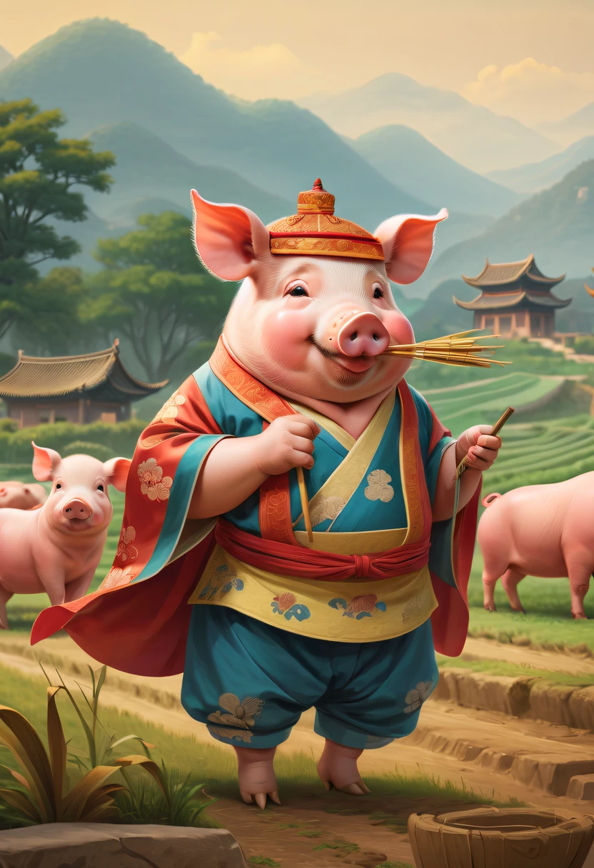 Farm life,Anthropomorphic pigs,ancient Chinese costume,Pigs working in the fields