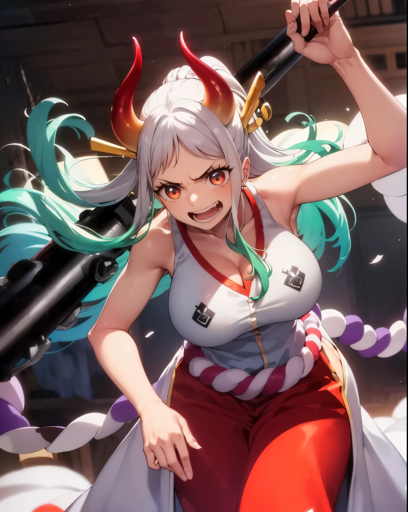 masuter piece, Best Quality, 超A high resolution, top-quality, Anime style, The best lighting, Beautiful face, Onepiece, Yamato, (1girll:1.3), Red Eyes, White and green gradient hair, Longhaire, poneyTail, Witch Costume, Sleeveless, no sleeves, Red Hakama, big rope on the back, The best smile, Opens mouth and laughs, Colossal tits, Transverse breasts, red and yellow horns, Clear eyes, Crisp face, carry a metal rod, Unity 8k壁纸, (Beautiful detailed eyes:1.4), extra detailed face, Perfect Lighting, (Perfect hands, Perfect Anatomy)