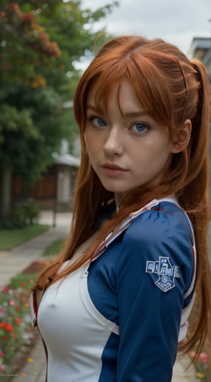 (best quality), high resolution,Asuka Langley Soryu, Beautiful Pretty Mixed German Babe, (Beautiful face), sexy lips, Auburn Twin Tails Ginger Hairs, intense gaze, dark blue detailed beautiful eyes, combine realism and anime influence, (dynamic pose), red plugsuit, outside, flowers