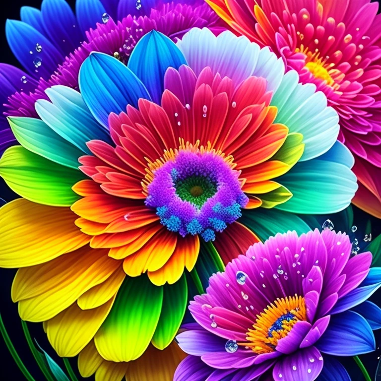 Close up of bunch of flowers with water droplets, a magical colorful flower, rich floral color, magical flowers, Vivid and rich colors, Colorful Alien Flora, colorful flower, Colorful flowers, Colorful HD Drip, Vivid and colorful, beautiful art uhd 4 k, beautiful and colorful, neon flowers, Strong and vibrant colors, colorful and vibrant, intricate vibrant colors