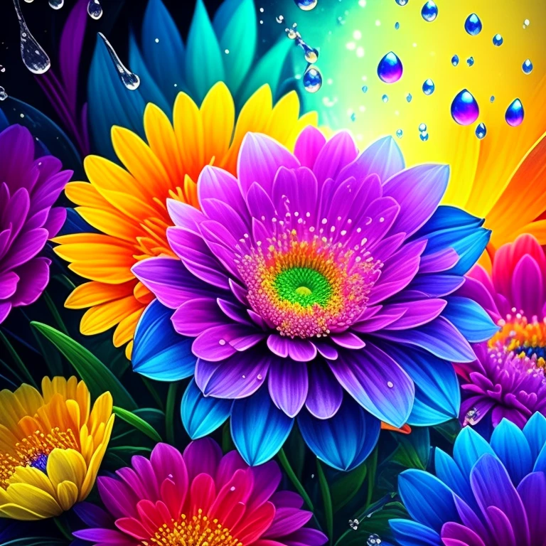 Close up of bunch of flowers with water droplets, a magical colorful flower, rich floral color, magical flowers, Vivid and rich colors, Colorful Alien Flora, colorful flower, Colorful flowers, Colorful HD Drip, Vivid and colorful, beautiful art uhd 4 k, beautiful and colorful, neon flowers, Strong and vibrant colors, colorful and vibrant, intricate vibrant colors