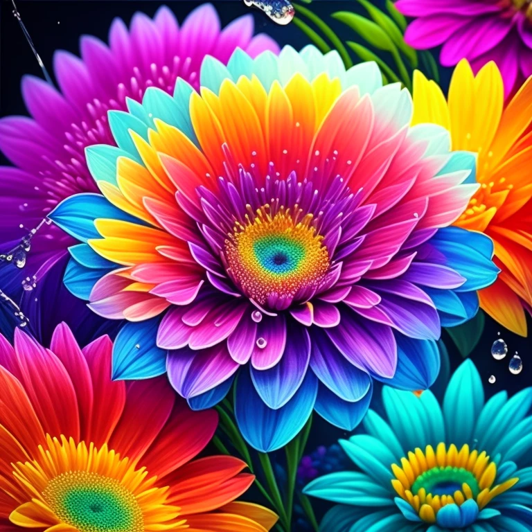 Close up of bunch of flowers with water droplets, a magical colorful flower, rich floral color, magical flowers, Vivid and rich colors, Colorful Alien Flora, colorful flower, Colorful flowers, Colorful HD Drip, Vivid and colorful, beautiful art uhd 4 k, beautiful and colorful, neon flowers, Strong and vibrant colors, colorful and vibrant, intricate vibrant colors
