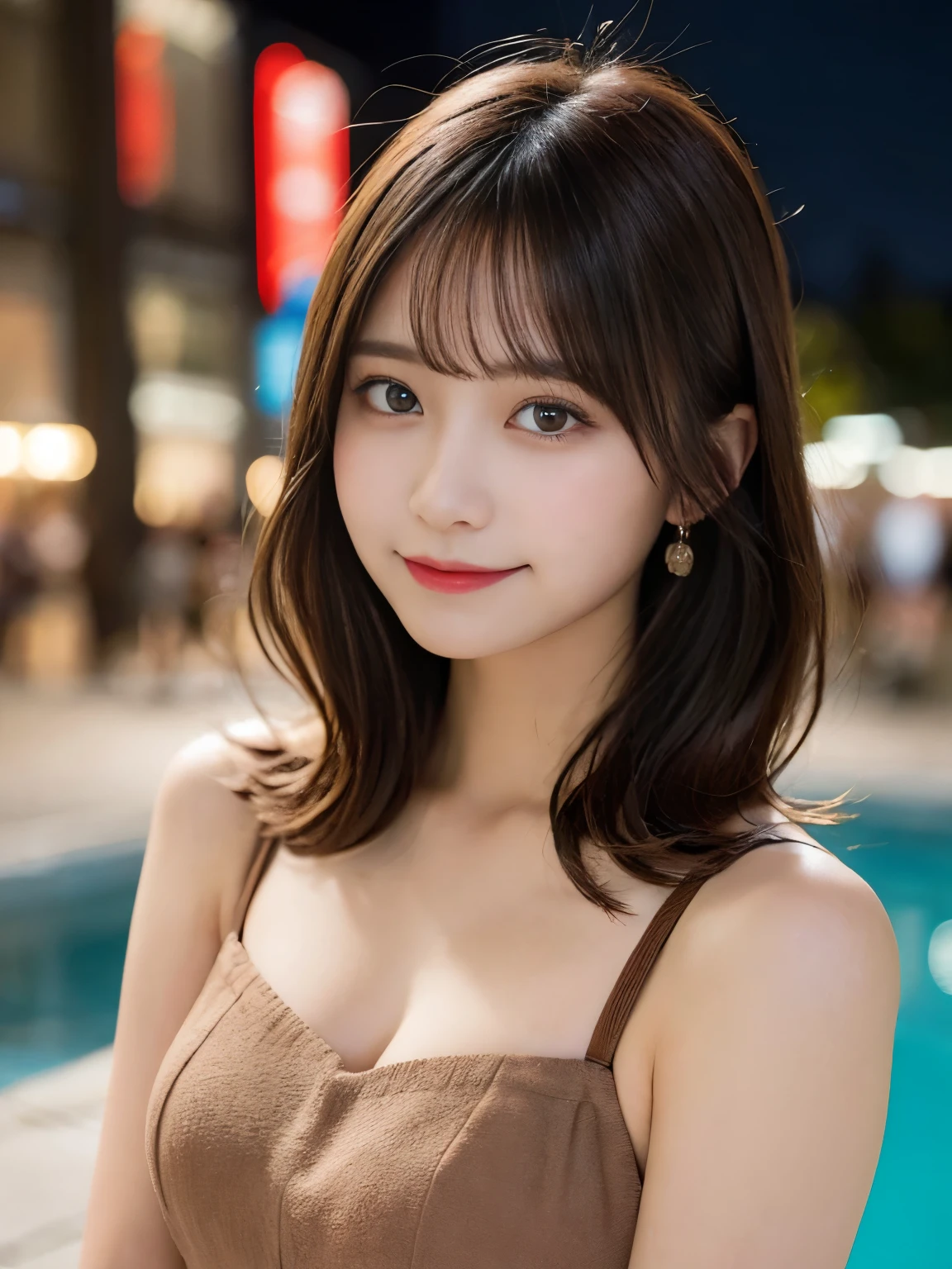 masutepiece, Best Quality, Illustration, Ultra-detailed, finely detail, hight resolution, 8K Wallpaper, Perfect dynamic composition, Beautiful detailed eyes, she is wearing a brown dress,Medium Hair,Natural Color Lip, Bold sexy poses,Smile,Harajuku、20 years girl、Cute、Sexy shot looking at camera、C Cup、Brown hair、cacique#39;s face、Blurry night pool background