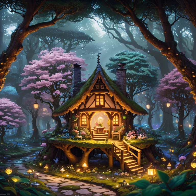 In a secluded glade nestled within an ancient forest, a charming fairy village comes to life, luminescent dwellings adorned with petals and leaves dot the landscape, while tiny pathways wind through the verdant surroundings, sparkle, glowing light, super detail, highres, best quality, 16k, (Surreal,A high resolution,4K,tmasterpiece:1.2),(vivd colour,bokeh,Artistic lighting)
