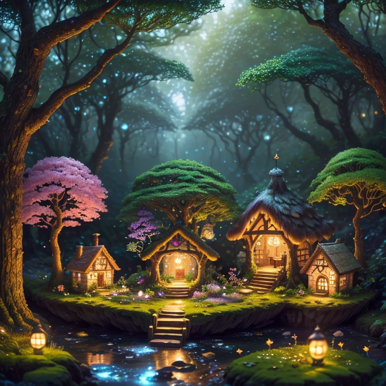 In a secluded glade nestled within an ancient forest, a charming fairy village comes to life, luminescent dwellings adorned with petals and leaves dot the landscape, while tiny pathways wind through the verdant surroundings, sparkle, glowing light, super detail, highres, best quality, 16k, (Surreal,A high resolution,4K,tmasterpiece:1.2),(vivd colour,bokeh,Artistic lighting)