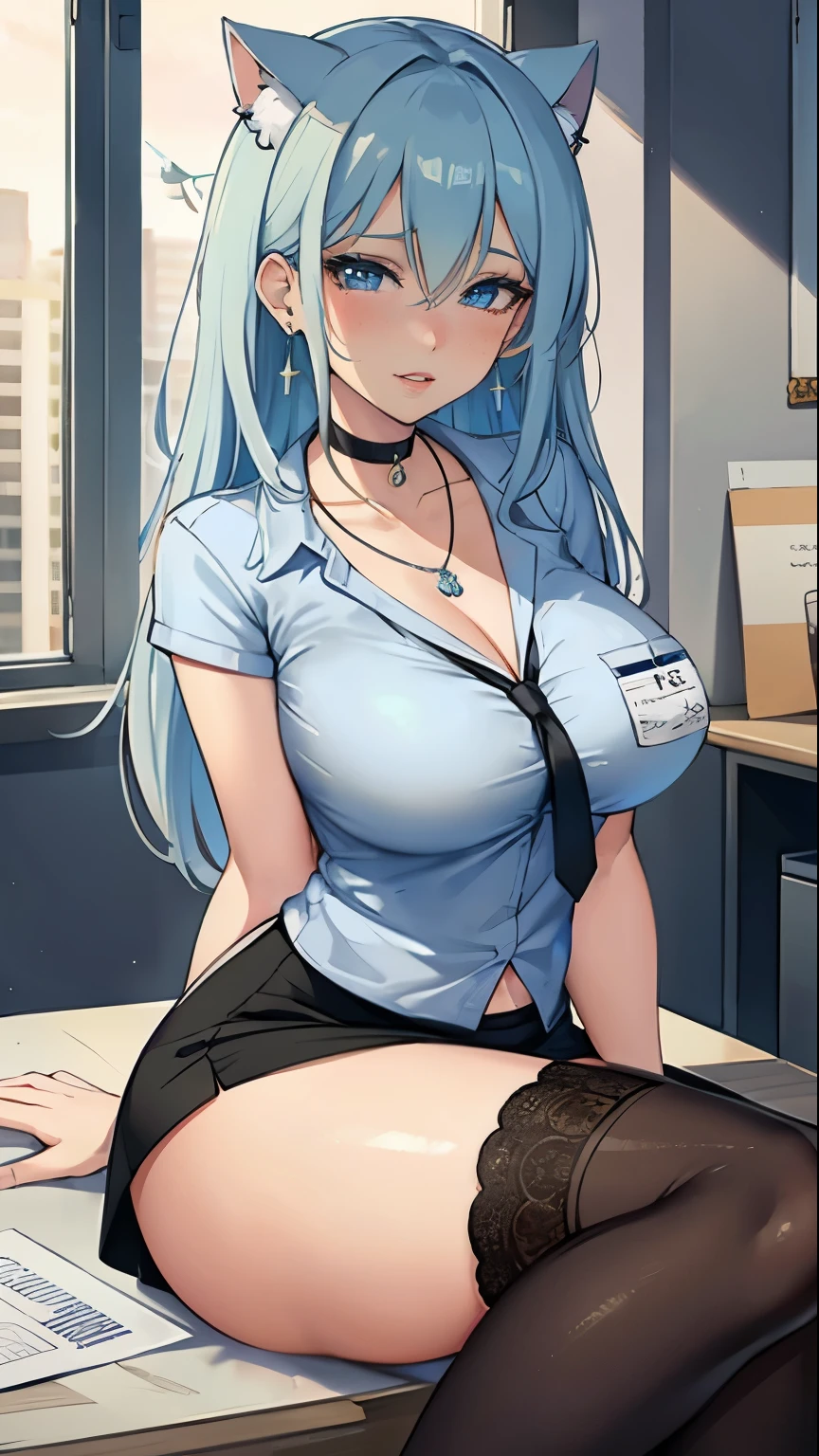 Masterpiece, beautiful art, professional artist, 8k, art style by sciamano240, very detailed face, very detailed hair, very detailed clothes, 1girl, perfectly drawn body, beautiful face, long hair, light blue hair , very detailed blue vertical cat eyes, square glasses, pouty lips , rosey cheeks, intricate details in eyes, extreme close up of face, staring directly at viewer, wearing cute office clothes, blouse,necklace, choker, earrings, name tag, tie, pencil skirt, jewellery, black tigh boots, some freckles, big wide grin, in love with the viewer expression, morning office setting, pov sitting on desk in front of viewer,