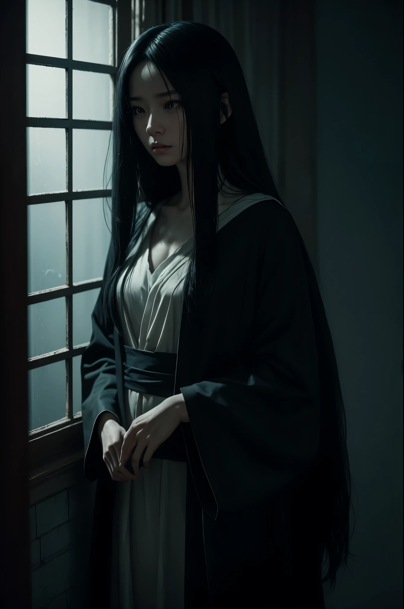 8k,超A high resolution,real looking skin,Horror movie shot of creepy girl with long straight black hair, Sadako,Super beauty(Like the real thing), Wearing a dirty hospital gown, Stand alone in the mansion at night, thirds rule, Tonal color scheme, Pale Brown, Pensive silence, Bokeh, mystery, Horror, unholy, eery, creepy, Moody lighting, In the style of Denis Villeneuve, Film Still, cinestill 800,Fantasyart,character art,