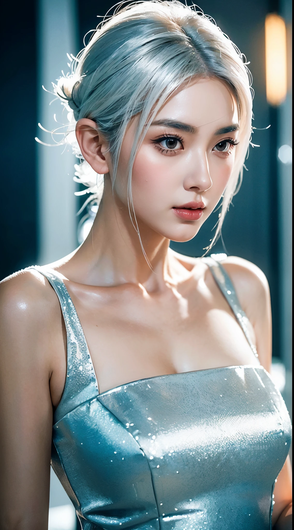 Masterpiece, Superb 1 Woman, Mature Woman, Woman with Short Silver and White Hair, Long sideburn, Facial Details, Correct Proportions, sexy and graceful figure, This painting was created in the Guweiz style, delicate peach eyes, A cold expression, serious face, Black cheongsam, elegant and exquisite clothing, cinematic lighting, anatomically correct, amazing artworks