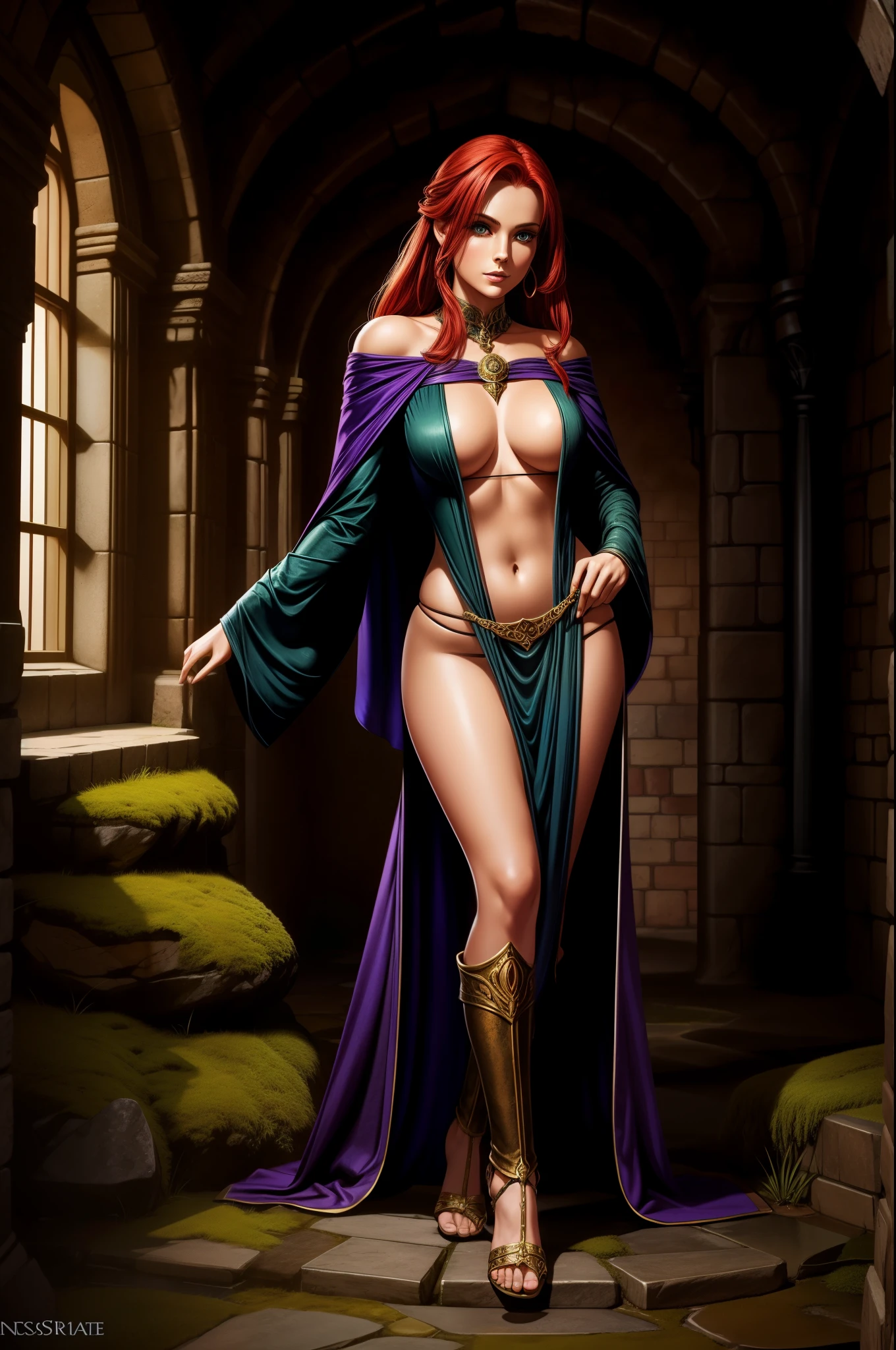full body shot, 1girl, fantasy sorceress, mage robe, leg slit, redhead , legs, mossy stone walls in background,navel, panties