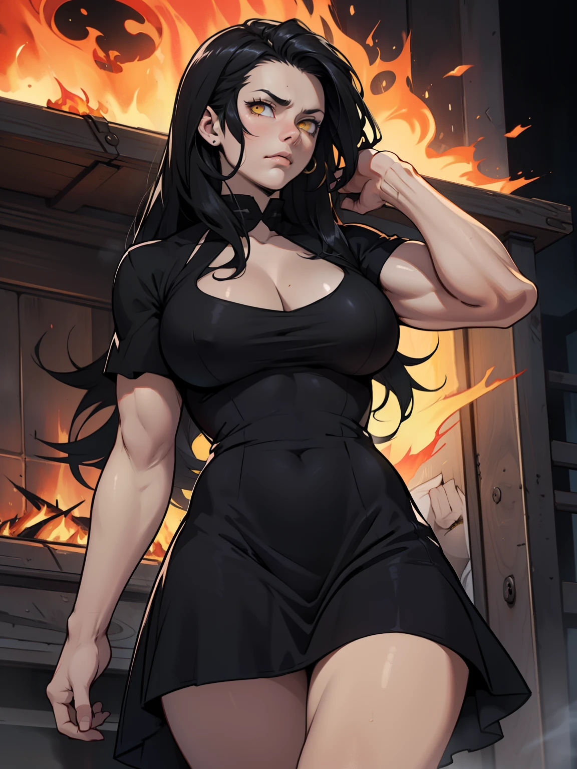 (girl muscles large breasts) pale skin very long hair black hair yellow eyes sad expressionless solo black night dress black night dress large breasts fire