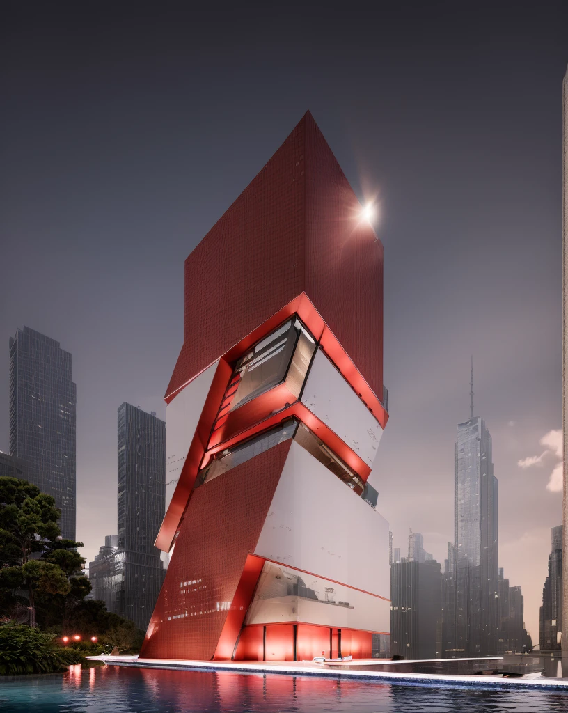 ((masterpiece, best quality)), 8k, modern architecture style, photo realistic, david chipperfield, hyper detailed photo, single box, a digital 3d render of a building, Red building, leansflare, Water body, Night time