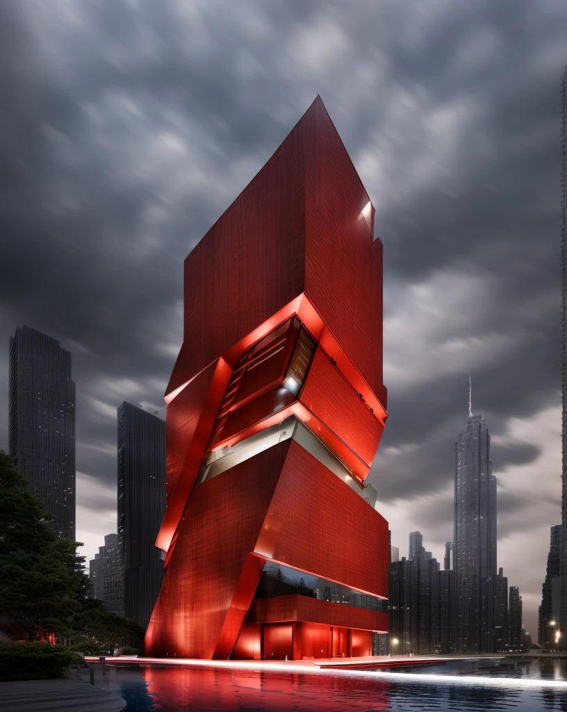 ((masterpiece, best quality)), 8k, modern architecture style, photo realistic, david chipperfield, hyper detailed photo, single box, a digital 3d render of a building, Red building, leansflare, Water body, Night time