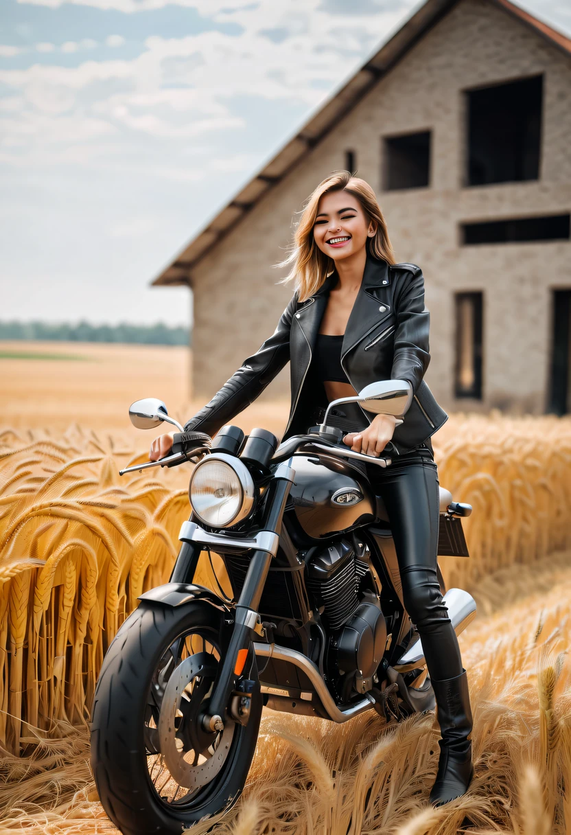 female motorcycle rider building,wheat field,cute smiling,leather clothes