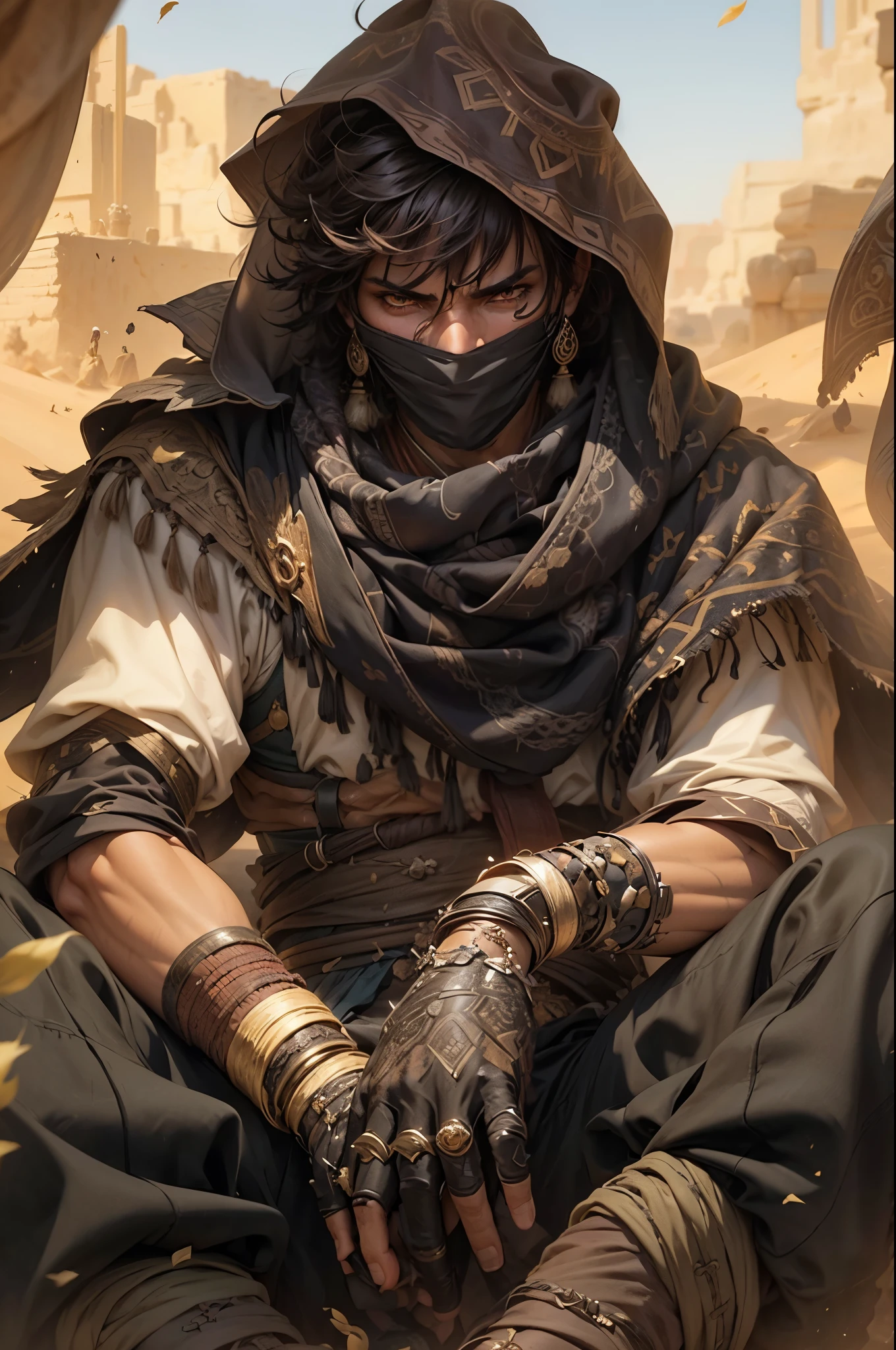 a close up of a person sitting on a desert with a glove, portrait of bedouin d&d, handsome prince of persia, desert fighter ancient mage, artwork in the style of guweiz, desert nomad, arabian samurai, kawacy, artgerm and craig mullins, artgerm craig mullins, detailed anime character art, tuareg