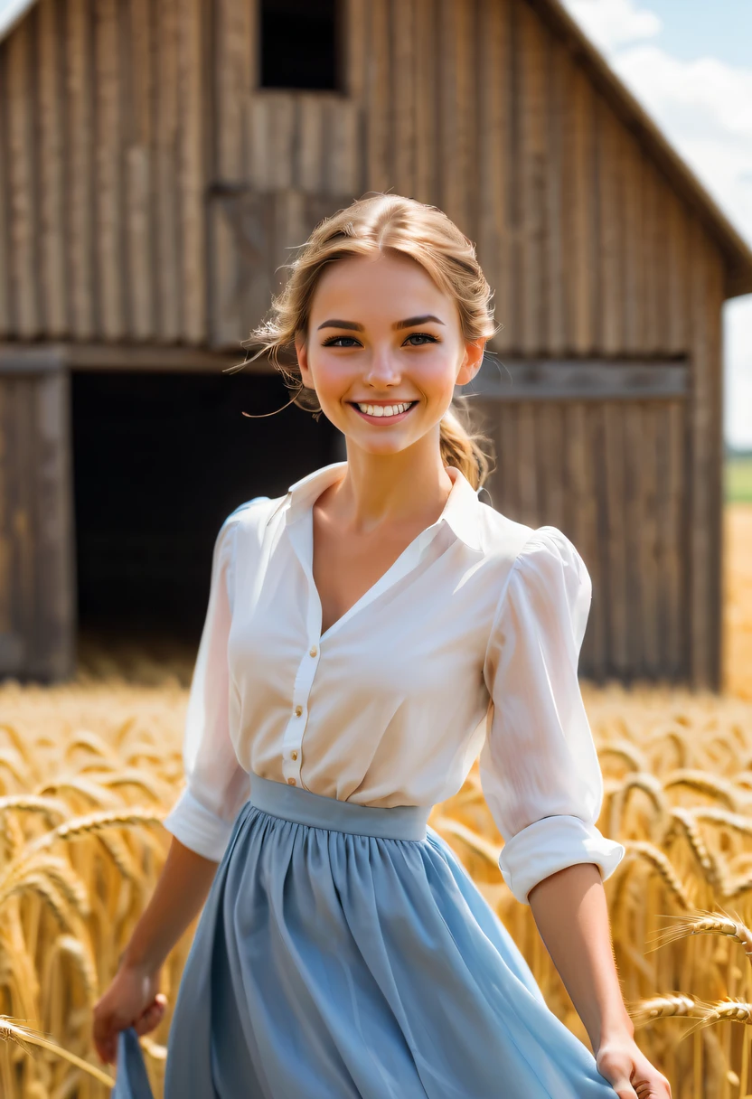 Girl on horseback，Farm building，wheat field，cute smiling,a blue dress,white  shirt，