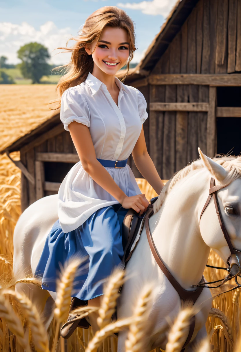 Girl on horseback,Farm building,wheat field,cute smiling,a blue dress,white shirt,