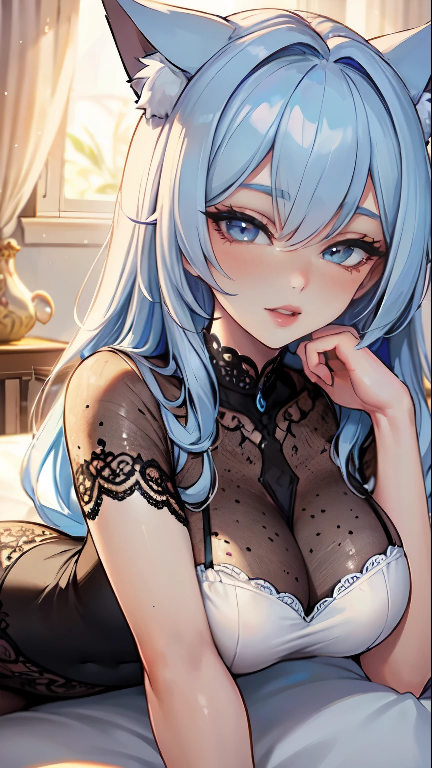 Masterpiece, high res, beautiful art, professional artist, 8k, art style by sciamano240, very detailed face, very detailed hair, 1girl, perfectly drawn body, beautiful face, long hair, light blue hair , very detailed blue vertical cat eyes, pouty lips , rosey cheeks, intricate details in eyes, extreme close up of face, see only head and neck, staring directly at viewer, wearing nightgown, some freckles, warm smile, in love with the viewer expression, early morning bedroon setting, laying in bed, pov waking up in bed next to viewer,