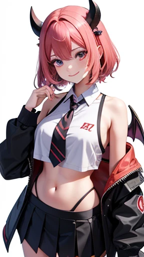 Anime illustration style,a beauty girl,demonic horns,Devil's wings on the back,（full bodyesbian）,Standing,（lowfers）,（Anime Settings）,a smile,（blazers）,（校服）,hi-school girl、preppy style、short-cut、Navel Bow Style