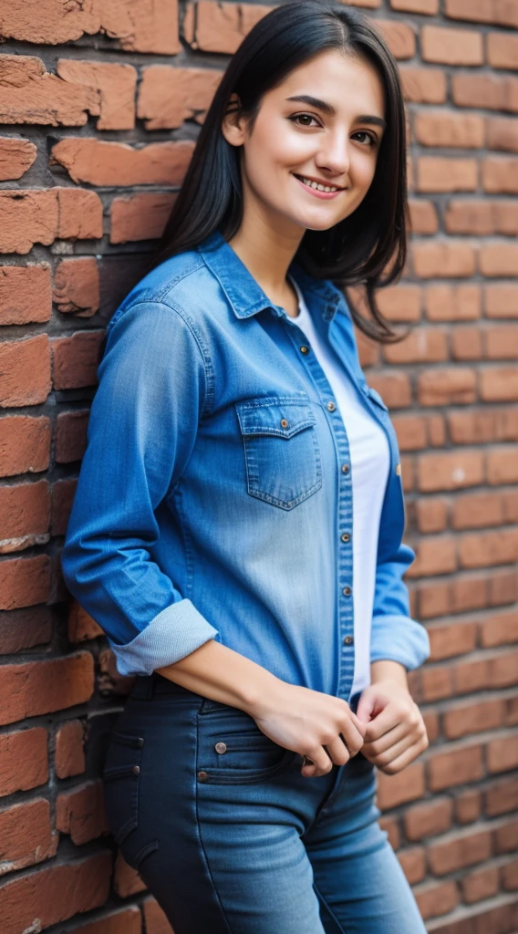 smiling woman with brown hair and blue flannel shirt and black jeans standing in front of a brick wall, this person does not exist, in her 20s, short, cute, plucky, tomboy facial features, average looks, dressed casually, entire body visible, full body, hyperrealistic, real human skin, best quality, 8K, masterpiece, extremely intricate, detailed eyes, detailed face, detailed body, exaggerated features, pronounced features, fujifilm