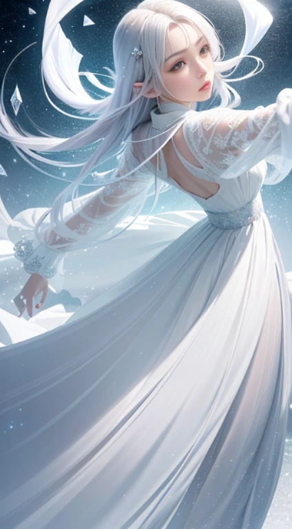 (Masterpiece, Top Quality, Best, Official Art, Beautiful and Aesthetic, Long Exposure: 1.2), Smooth Movement, Charming Patterns, 1 Girl, (Long Dress with Sleeves: 1.3), (((White Clothes) )), upper body close-up, bare shoulders, Chinese girl, blush, black lob hair, portrait, solo, upper body, looking at the observer, detailed background, detailed face, (crystallineAI, crystalline theme:1.1), elemental wind elves, rotation Wind, control the wind, white crystal clothing, dynamic pose, floating particles, ethereal dynamics, whirlwind, vapor, whirlwind in the background, white tone, whirlwind, ethereal atmosphere,