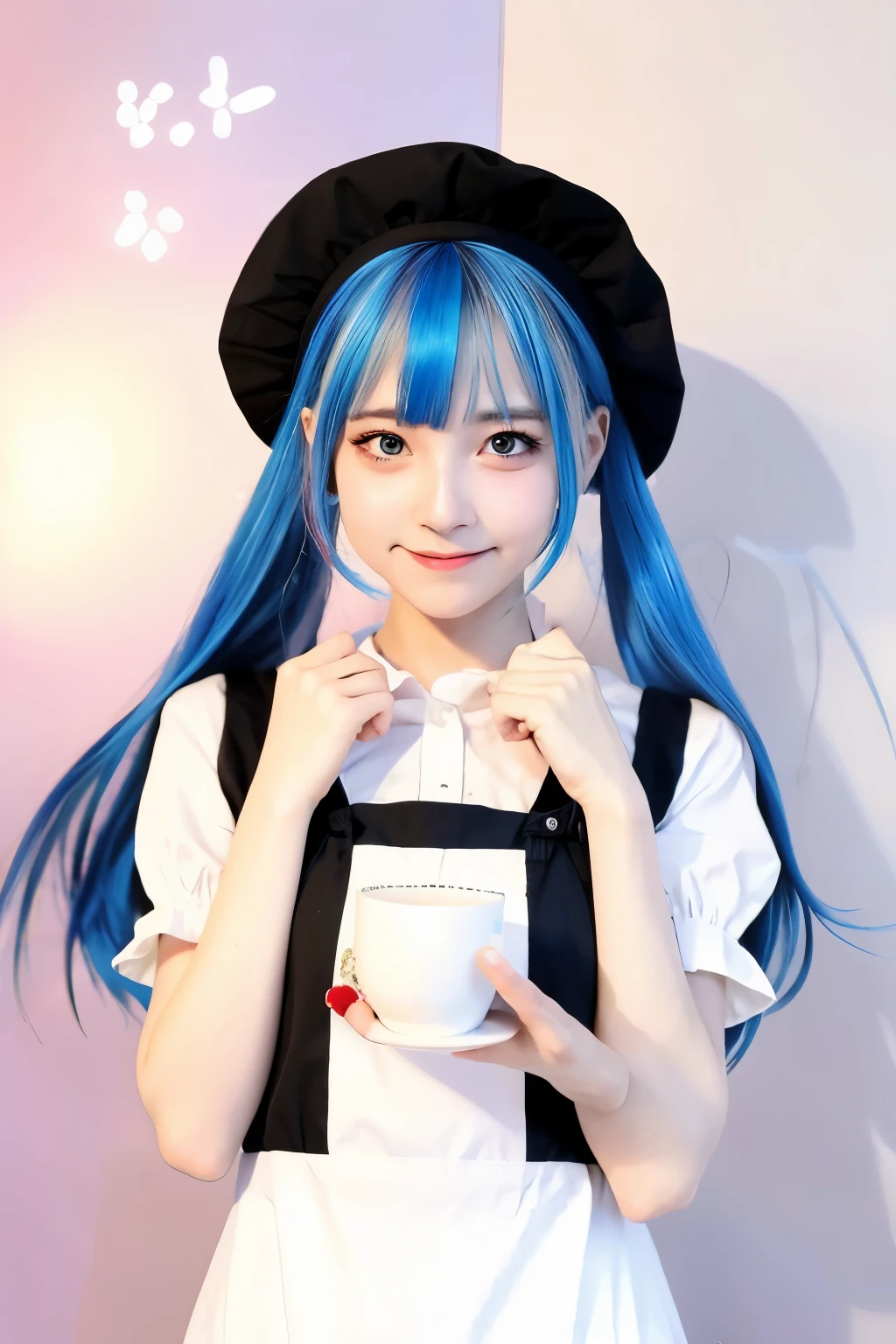 Anime, girl, Solo, Blue_Eyes, hat, Blue_hair, white_hair, hair_Bland_Eyes, Bangs, Smile, Bow, Ahoge, Multicolored_hair, long_hair, Focalors, maid clothes, Cafe Background, white apron　R18