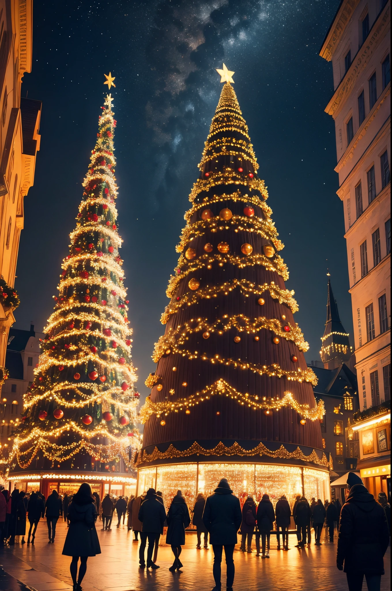 Festive Cityscape: A vibrant cityscape adorned with dazzling lights, skyscrapers, and a giant Christmas tree in the town square.