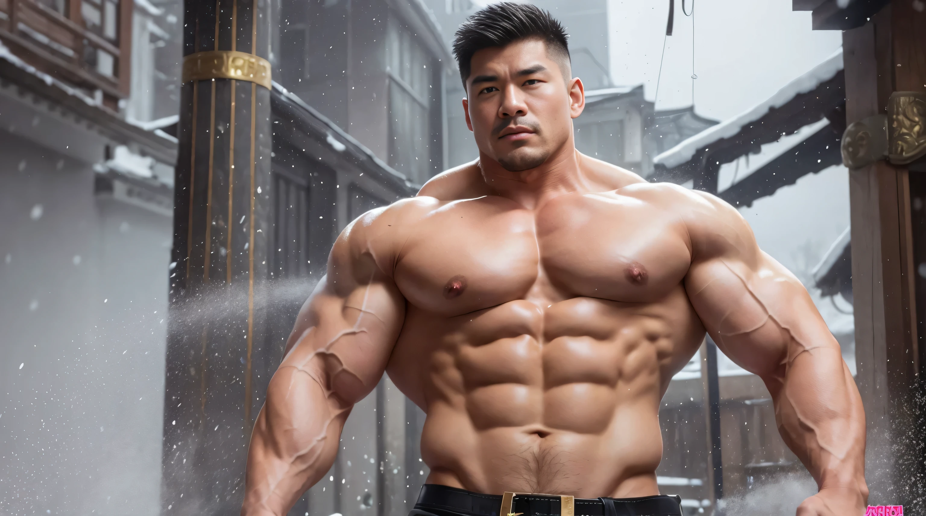 A Chinese bodybuilder,Short hair details, Wearing a gold thong,Winter is full of romance。Old buildings become more peaceful and rustic in the snow, short mustache,perfect body figure, 非常巨大和强壮the body of the, Hulk size,Bulging muscles, musculous的, Very large pectoral muscles,Very sexy abs,The leg muscles are very well developed,the body of the,Tall and burly,Huge bumpy area,Brighten oily skin,musculous。