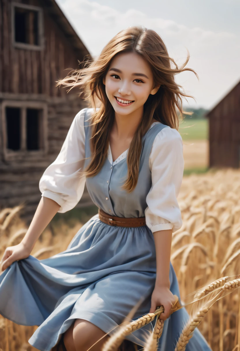 girl riding bull，Farm building，wheat field，cute smiling,a blue dress,white  shirt，