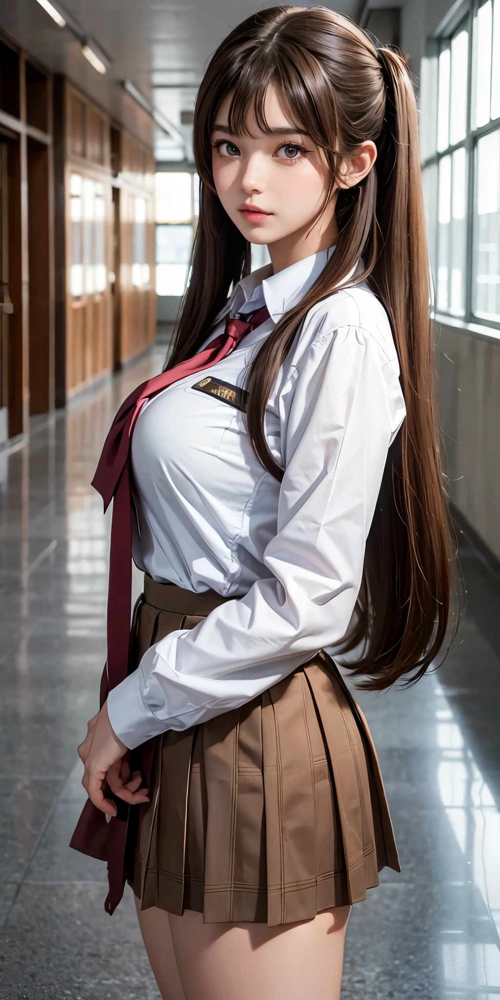 1girl,huge breast, brown hair,low twintail,bang, school uniform,School hallway , high quality, ultra detailed, masterpiece, realistic