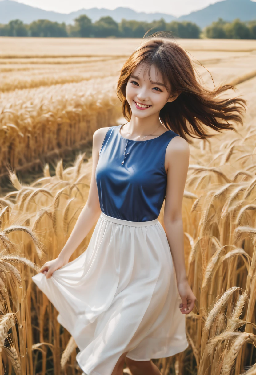 girl riding bull,Farm building,wheat field,ssmile,可爱的ssmile,a blue dress,white shirt,