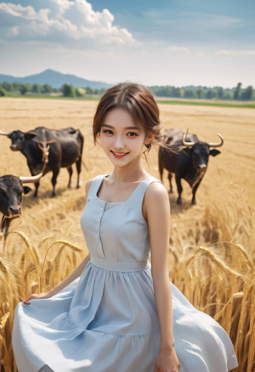 girl riding bull，Farm building，wheat field，ssmile，可爱的ssmile,a blue dress,white  shirt，