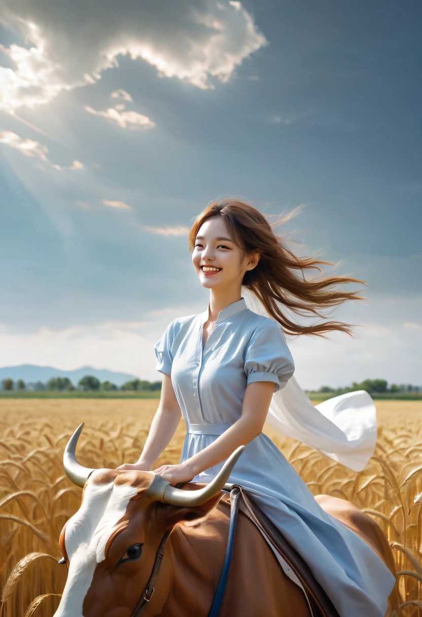 girl riding bull,Farm building,wheat field,ssmile,可爱的ssmile,a blue dress,white shirt,