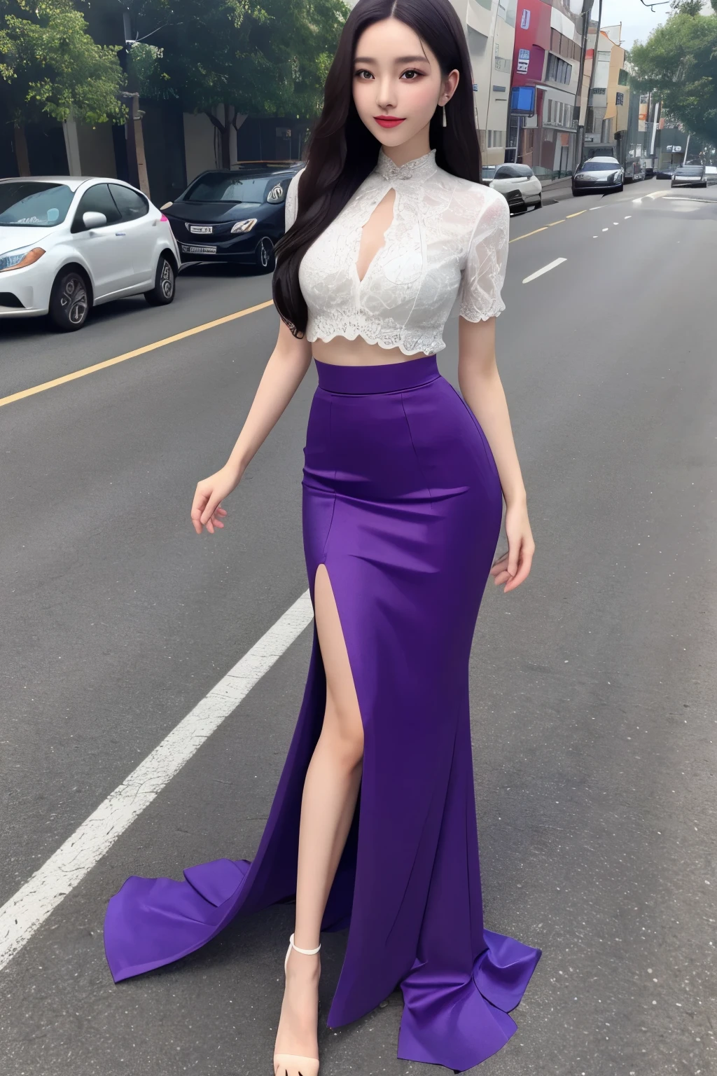 Best quality, Full body like，delicated face，Nice face，Very detailed。25-year-old woman，Slim figure，Bust D cups，Purple extra long slender fishtail skirt。No legs exposed。roadside exterior，long whitr hair