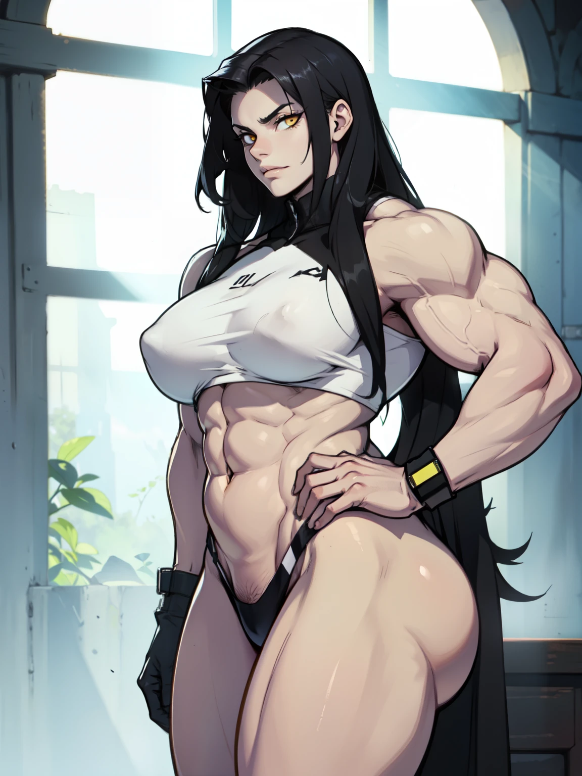 long straight hair pale skin black hair yellow eyes muscular breasts huge thighs