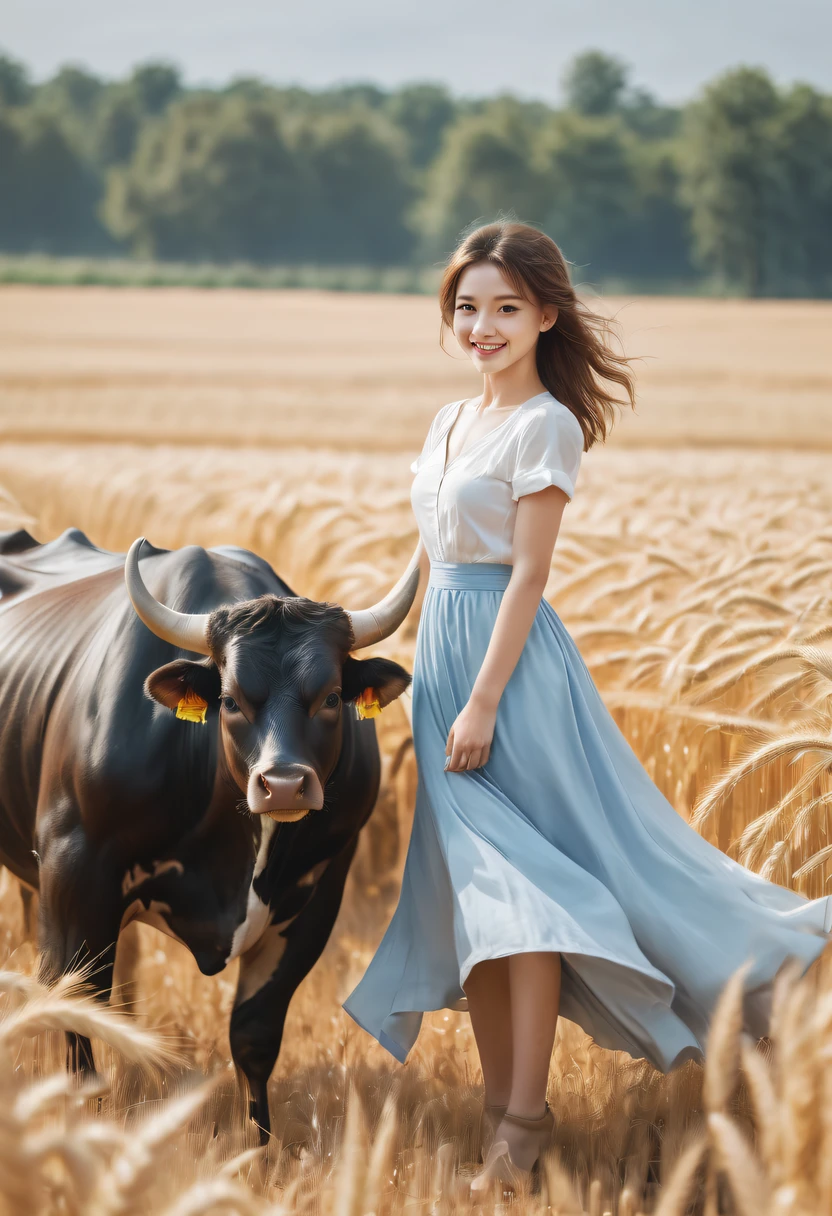 girl riding bull，farms，wheat field，ssmile，Lovely bustiness,a blue dress,white  shirt，