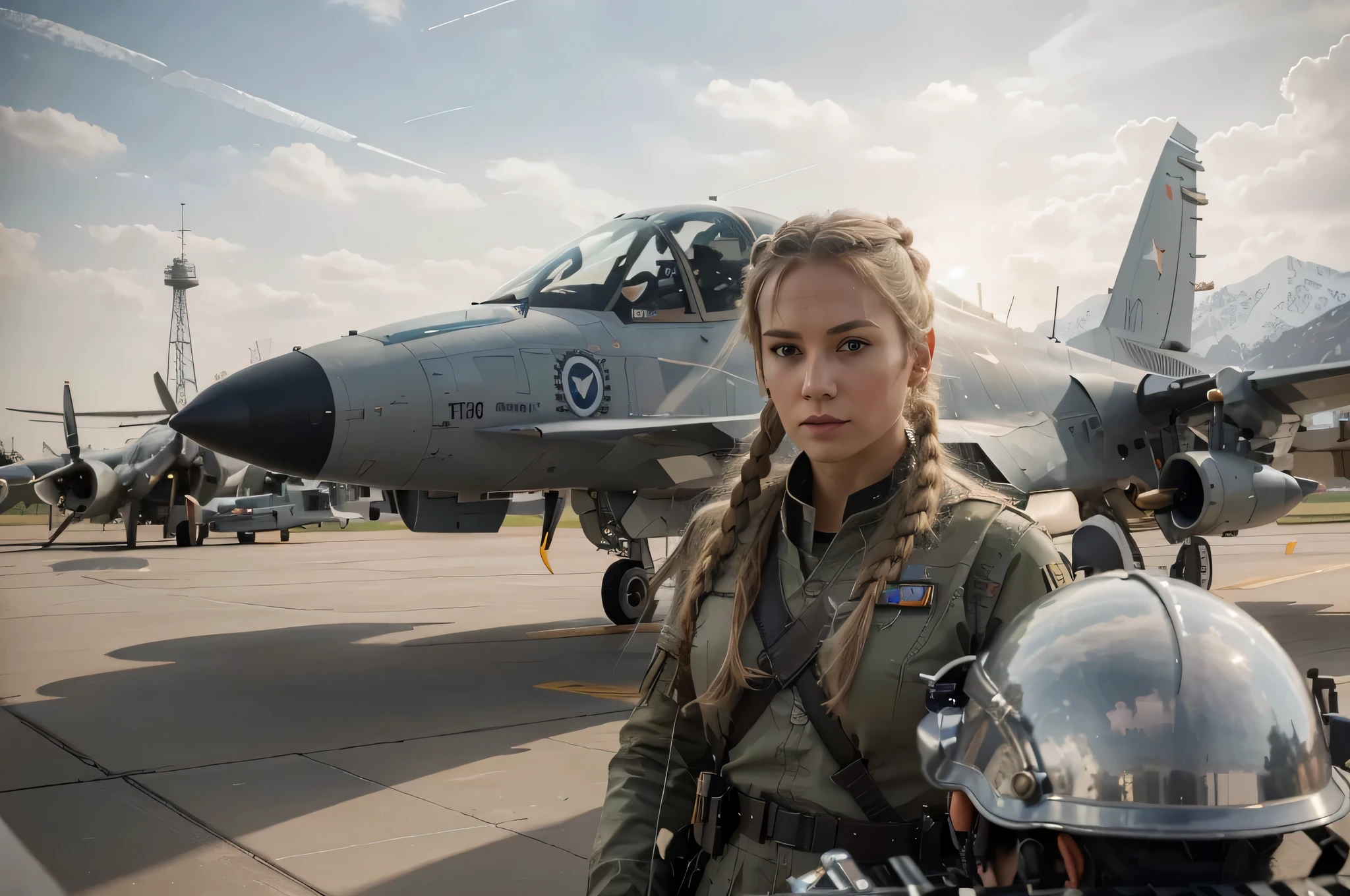 Mujer soldado muy hermosa, British characteristics, piel blanca, cabello rubio claro atado en una cola de caballo, Airplane pilot military uniform., Pipes, Cables, Belt with ammunition, sostiene un casco de piloto, Fondo de la imagen, High-tech sci-fi military aircraft., stealth plane, 4k, Ultra detallado image, realista, Altamente detallado, perfect composition, splendid, Intrincadamente detallado, Incredibly detailed, 8 k artistic photography, hiper detallado, Obra maestra, Ultra detallado, Hyper realista, 4k, Ultra detallado image, realista, Altamente detallado, perfect composition, splendid, Intrincadamente detallado, Incredibly detailed, 8K fine art photography, hiper detallado, Obra maestra