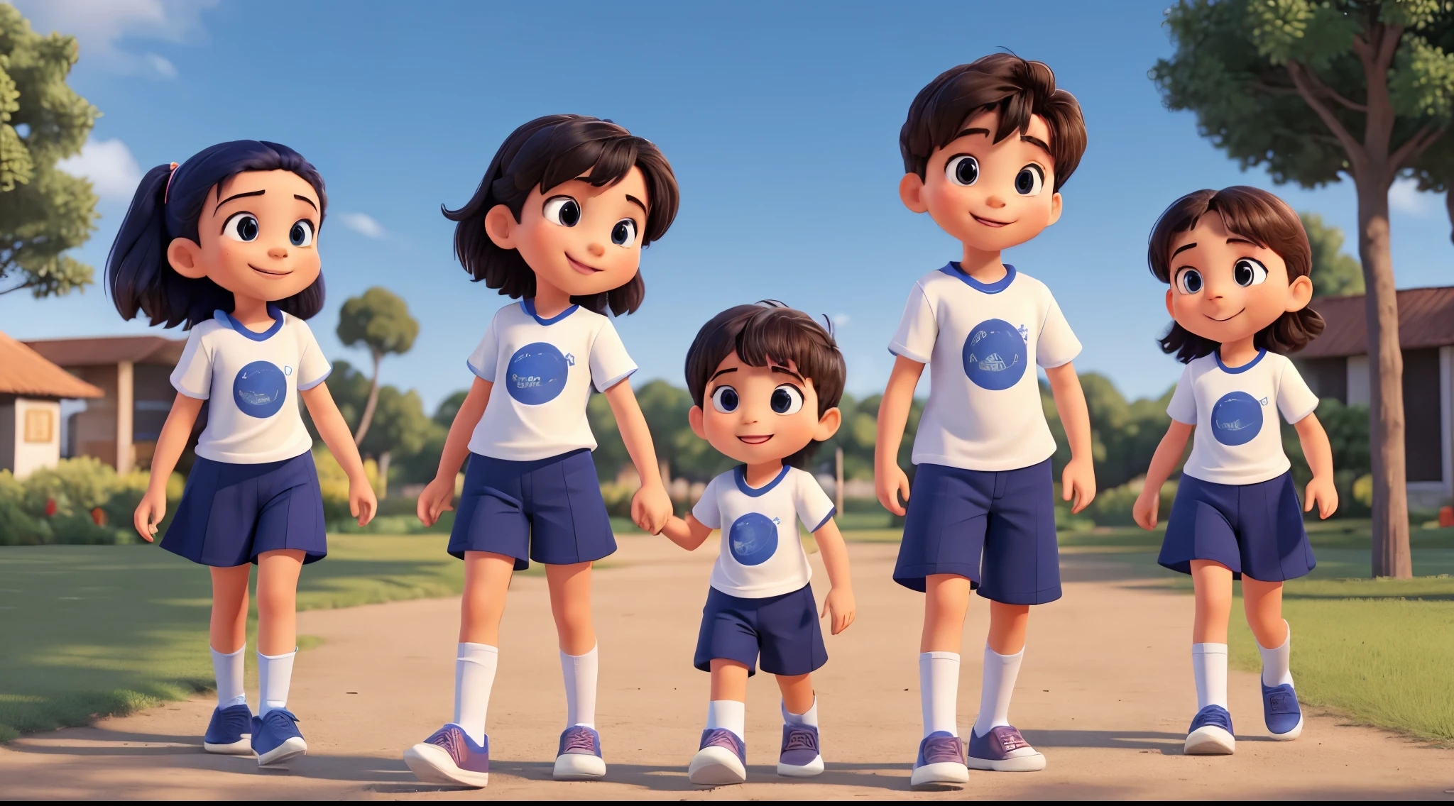 2 Children and 2 young students from a school, uniformed wearing dark blue pants and white t-shirt, sorrindo, background claro com efeito de estrelas e magia