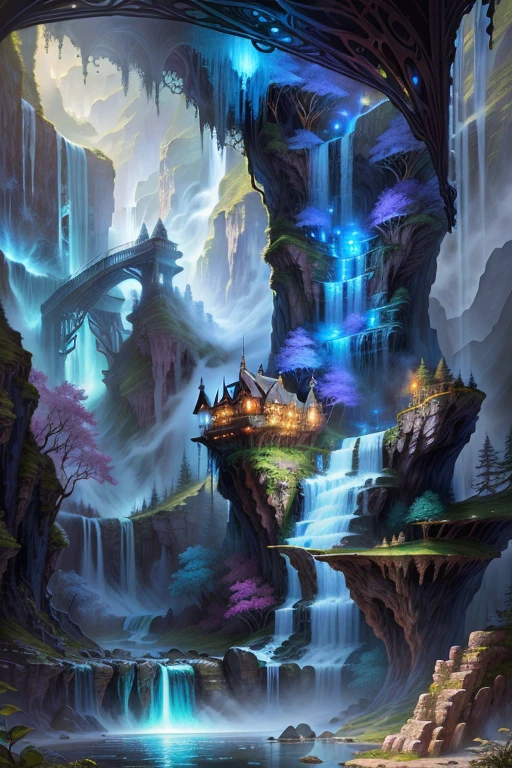 a painting of a waterfall with a waterfall in the middle, detailed fantasy digital art, magic fantasy highly detailed, highly detailed fantasy art, beautiful detailed fantasy, magical environment, magical background, magical landscape, intricate fantasy painting, detailed fantasy art, detailed dreamscape, fantasy highly detailed, detailed fantasy illustration, 4k highly detailed digital art, beautiful fantasy painting, magical fantasy forest