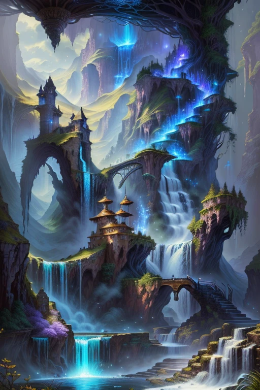 a painting of a waterfall with a waterfall in the middle, detailed fantasy digital art, magic fantasy highly detailed, highly detailed fantasy art, beautiful detailed fantasy, magical environment, magical background, magical landscape, intricate fantasy painting, detailed fantasy art, detailed dreamscape, fantasy highly detailed, detailed fantasy illustration, 4k highly detailed digital art, beautiful fantasy painting, magical fantasy forest