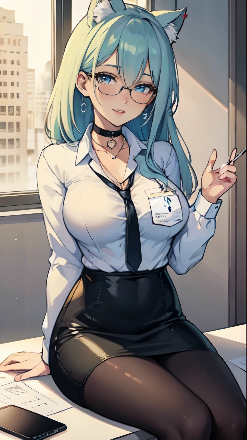 Masterpiece, beautiful art, professional artist, 8k, art style by sciamano240, very detailed face, very detailed hair, very detailed clothes, 1girl, perfectly drawn body, beautiful face, long hair, light blue hair , very detailed blue vertical cat eyes, square glasses, pouty lips , rosey cheeks, intricate details in eyes, staring directly at viewer, wearing cute office clothes, blouse, glasses, necklace, choker, earrings, name tag, tie, pencil skirt, jewellery, black tigh boots, some freckles, big wide grin, in love with the viewer expression, morning office setting, pov sitting on desk in front of viewer, full body view,