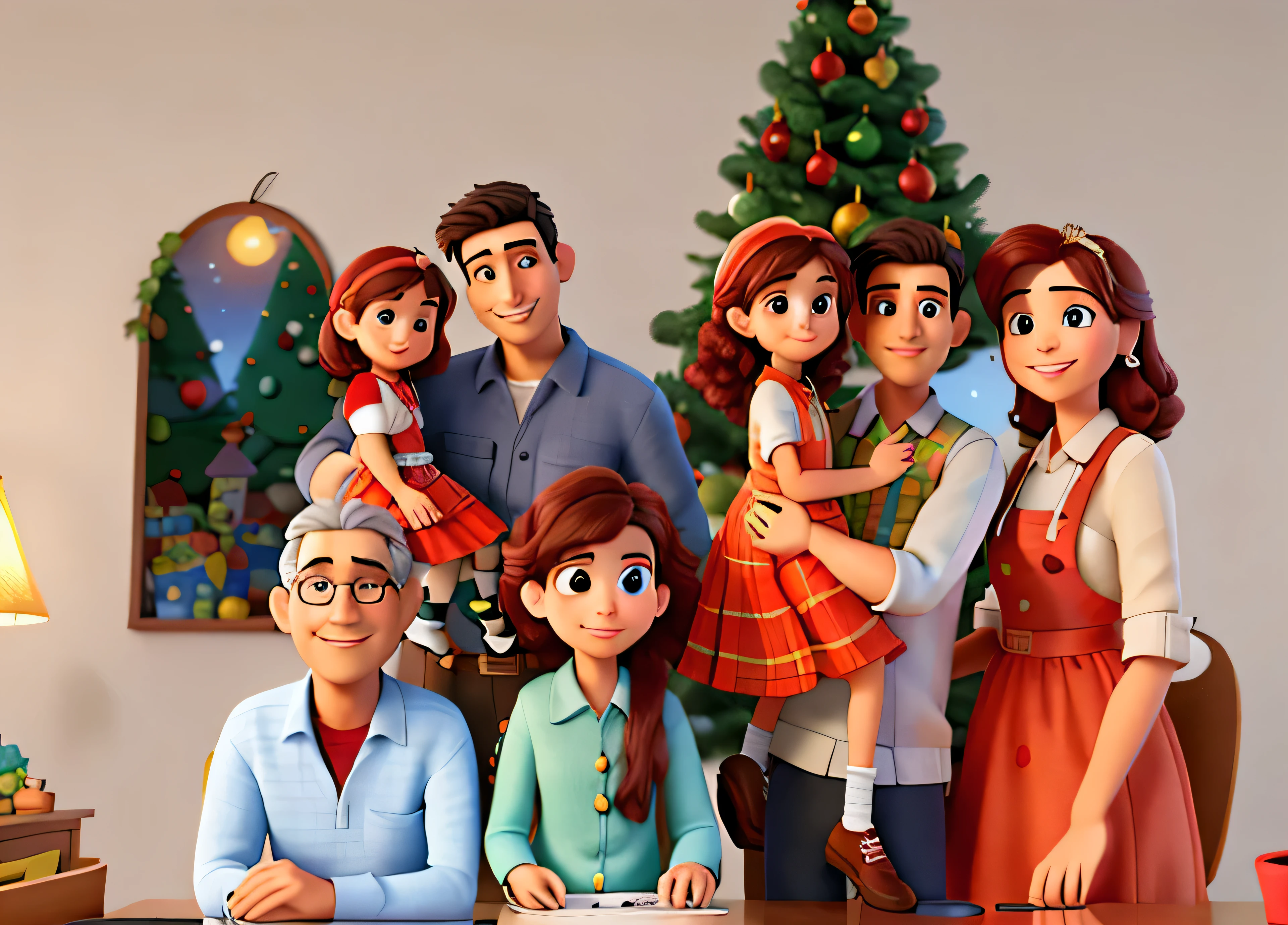cartaz de filme da pixar, familia em frente a arvore de natal, da esquerda para direita, parte de cima, 2 anos no colo do pai, a direita meninas no colo do pai e ao lado da mae, na parte de baixo os avos, todos sorrindo, tema natalino, estilo disney pixar cartoon 3d, alta qualidade, melhor qualidade, formato paisagem