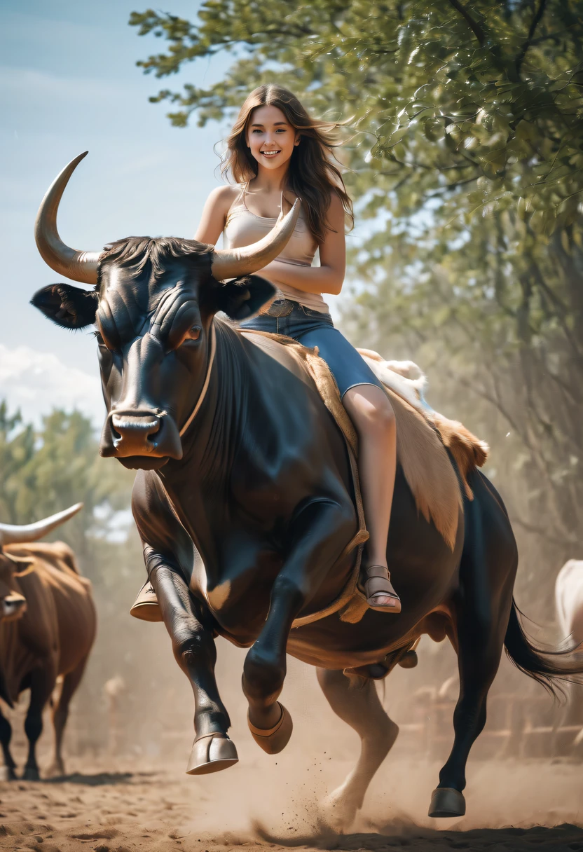 girl riding bull,rustic,